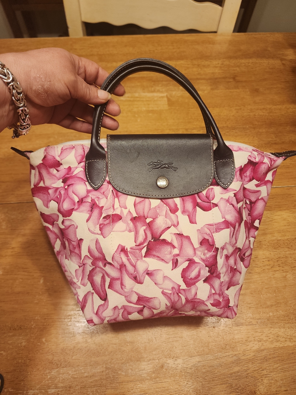 Longchamp Flora / Rose Petal Canvas Mini Tote Bag in white and fuchsia